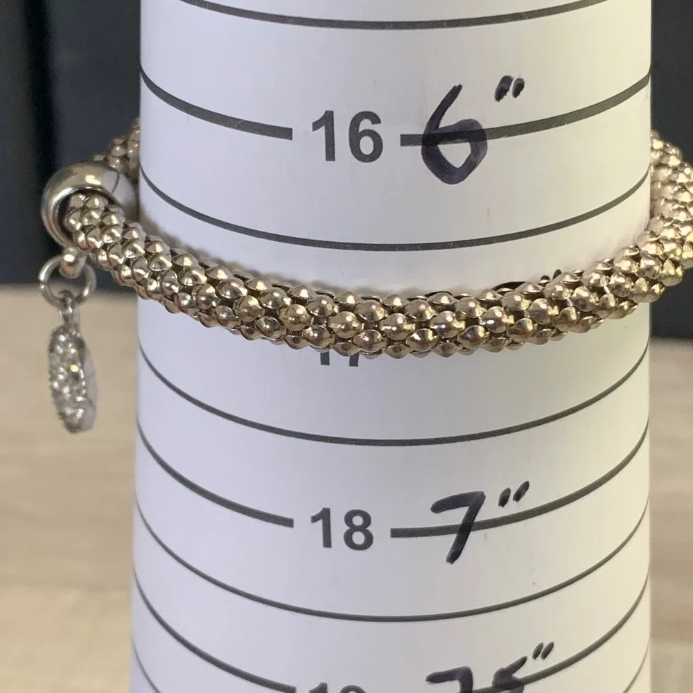 Silver Tone Popcorn Chain Stretch Bracelet Pavé Rhinestone Circle Charm 6.5